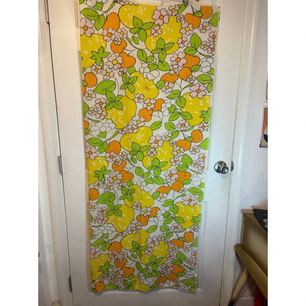 Vintage Citrus Floral Fruit Print Terry Cloth Towel Sheet Colorful Retro 120x100